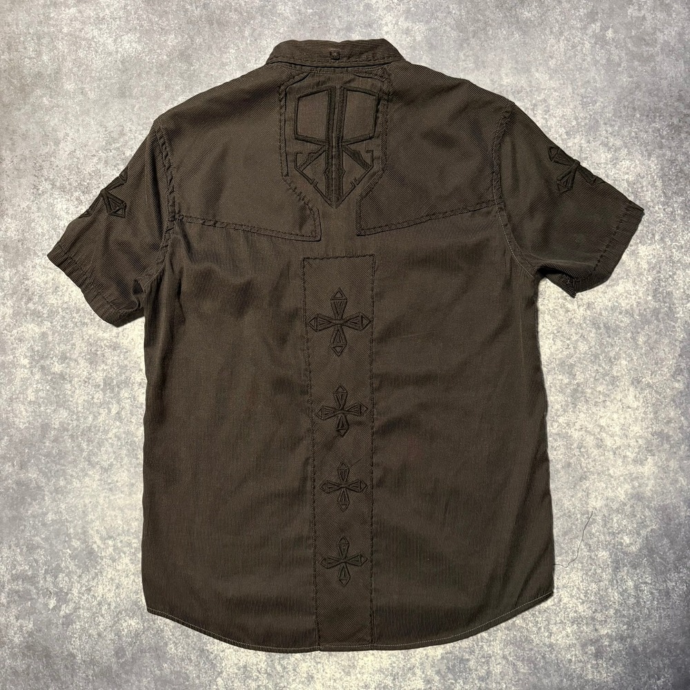 Y2K Roar Signature Mens XL Black Short Sleeve Button Up Shirt Cross Embroidered